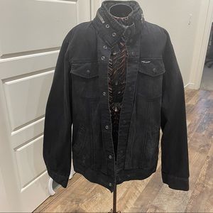 Obey Black Distressed Denim Snap Front Jacket.